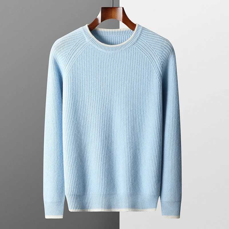 100Merino Wool Knitted Sweater Mens ONeck Loose Ingot Needle Pullovers Fashion Color Matching LongSleeved Tops Thicken ShirtZ250918
