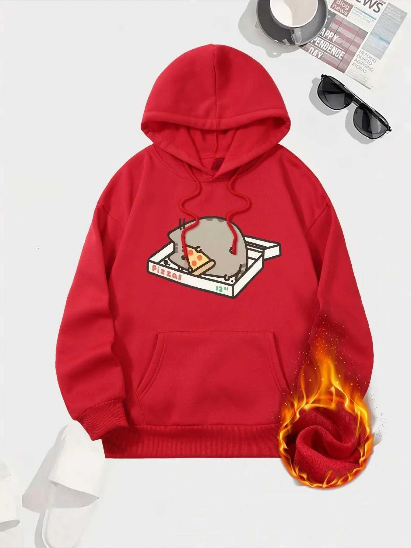 Cat and Pizza Cartoon Print 2025 Autumn Winter Womens Hoodie Top Round Neck Long Sleeve New Womens Sweatshirt ClothingZ250918