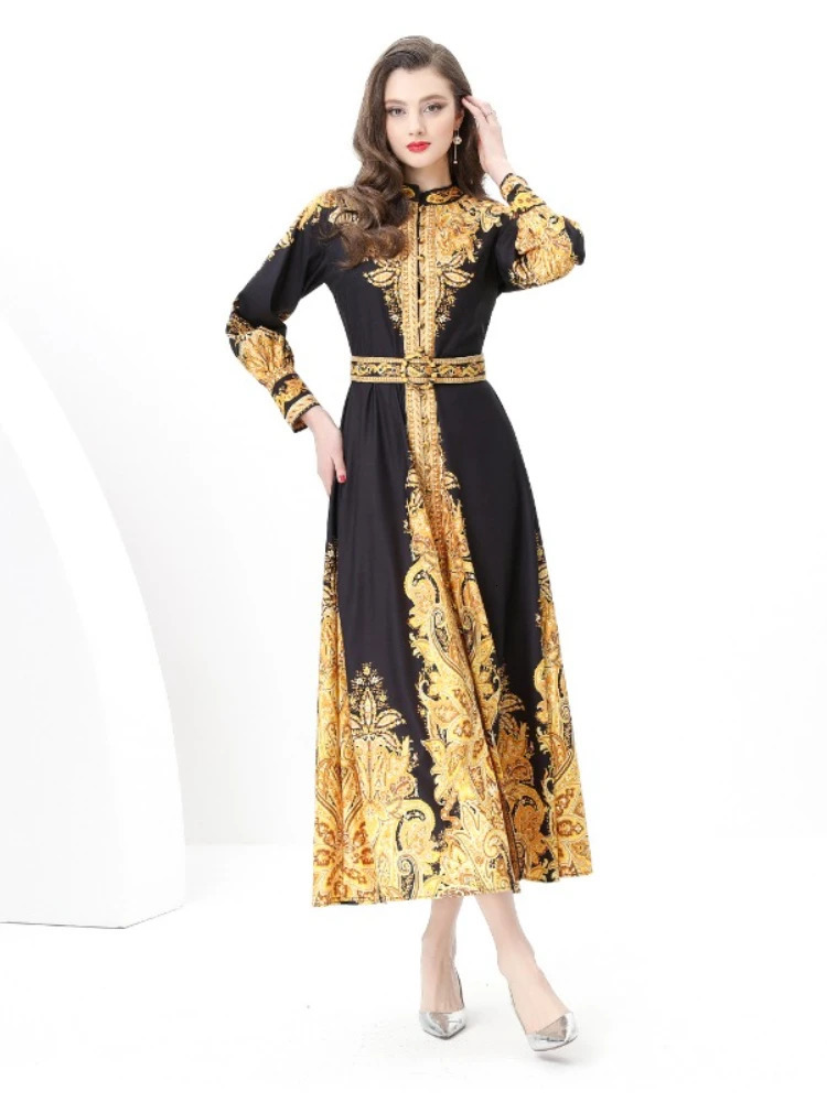 Spring France Elegant Vintage Evening Dress Women Print Sashes Button Long Party Dress Female Festival Clothing 250917