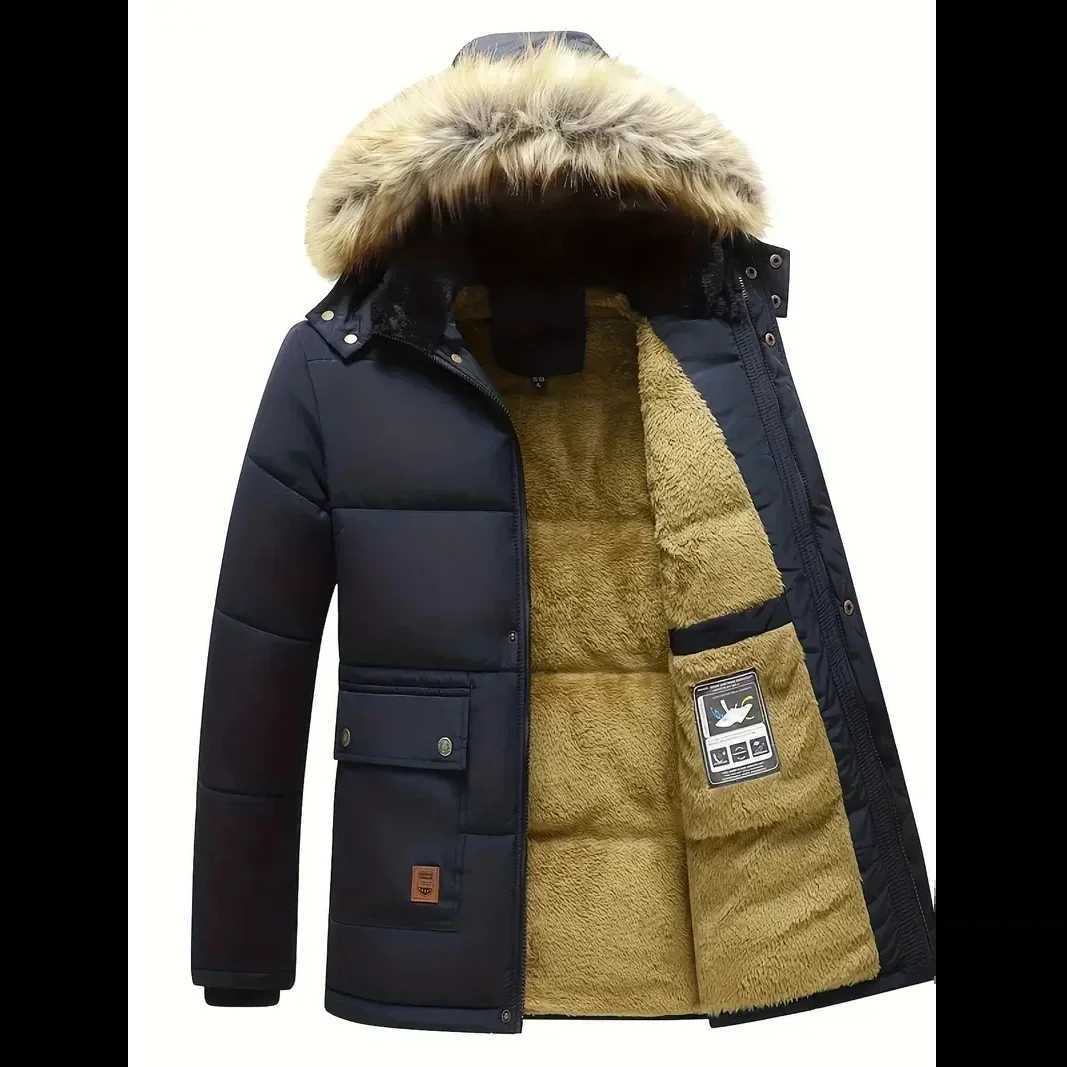 Male Fur Trench Overcoat Coats Parka Mens Warm Hooded Loose Parkas Mens Plus Velvet Casual Fashion Brand Thick Winter Parkas L2509181