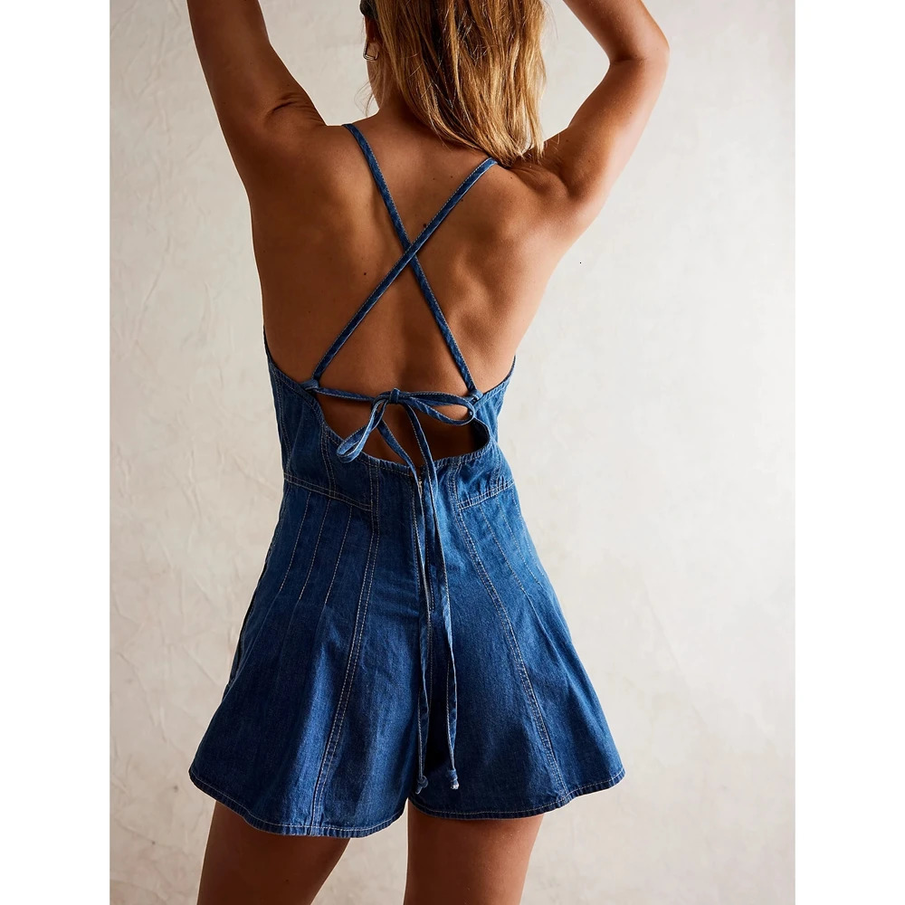 Women Summer Y2K Retro VNeck Denim Shorts Jumpsuits Cross Bow Tied Zipup Backless Loose Wide Leg Flare Playsuit Cute Rompers 250917