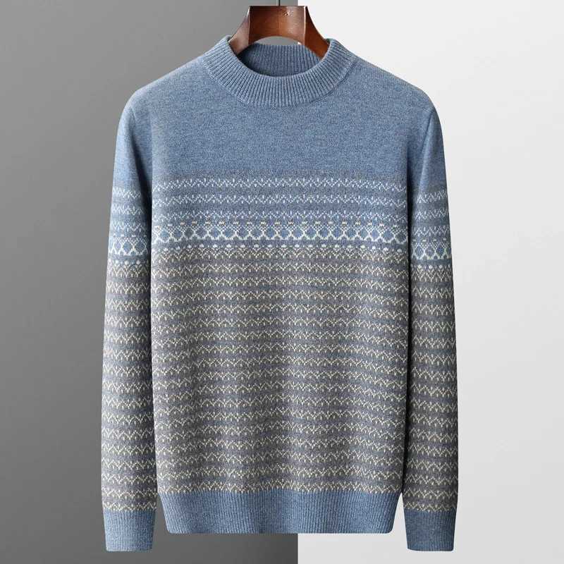 Mens Sweater Pullover Long Sleeve 100 Pure Woolen Sweater AutumnWinter New Half High Collar Jacquard Knit Thickened Casual TopZ250918