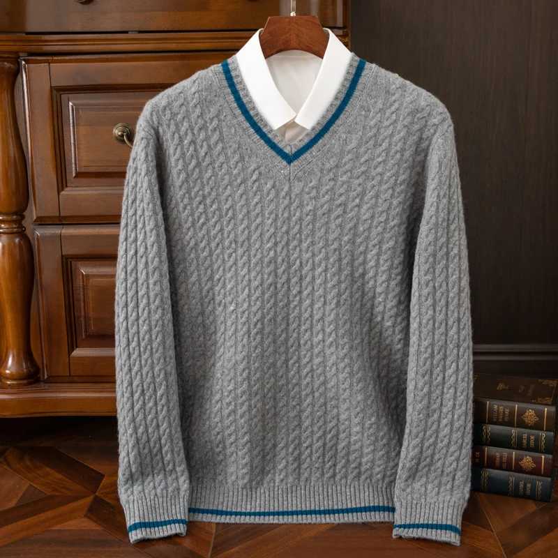 SXXXL New mens 100 wool Vneck color blocked sweater for autumn and winter casual knitted pullover full sleeve mens sweaterZ250918