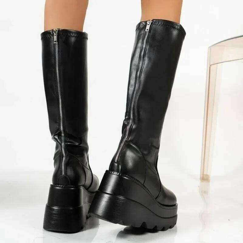 Fashion Wedge-heeled Mid-tube Ladies Gothic Style Thick-soled Motorcycle Knight Slim High Platform Cowboy Boots