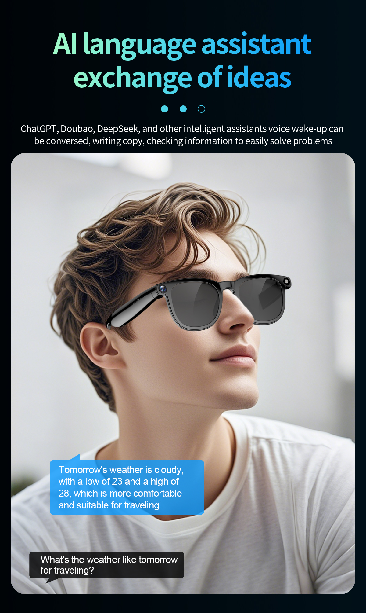 CY01 AI smart glasses, equipped with 8-megapixel camera for taking photos and recording videos, and integrating an audio recorder and AI translation.