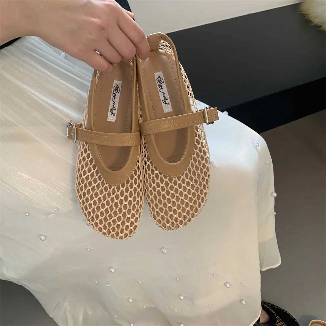 Women Knitted Air Mesh Flats Shoes Spring Summer Belt Buckle Ballerinas Ladies Fishnet Loafers Slip On Hollow Out Mary Janes W250918