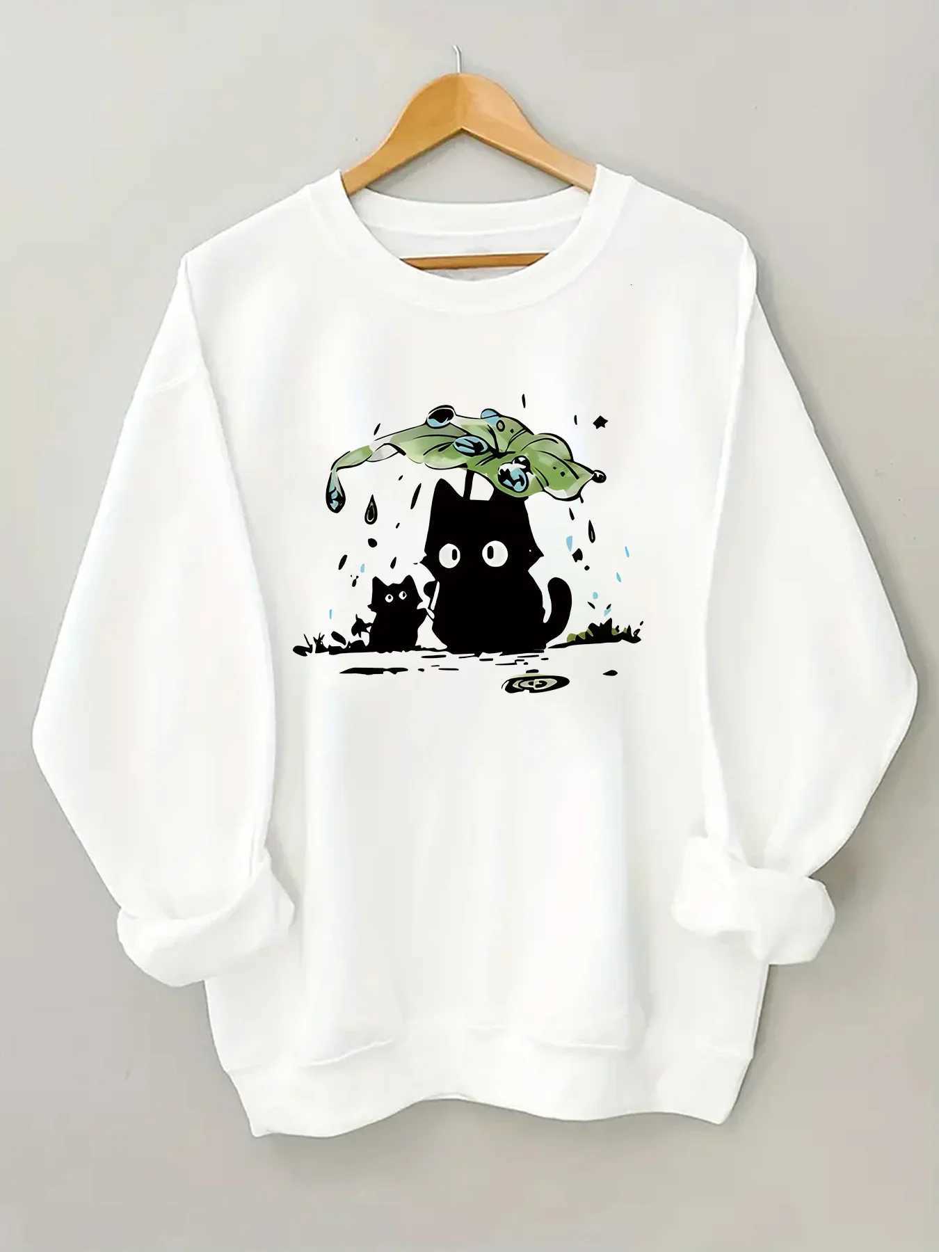 Two Cats with Lotus Leaves To Block Rain Print Women Hoodie for Autumn and Winter 2025 Round Neck Long Sleeved Womens ClothingZ250918