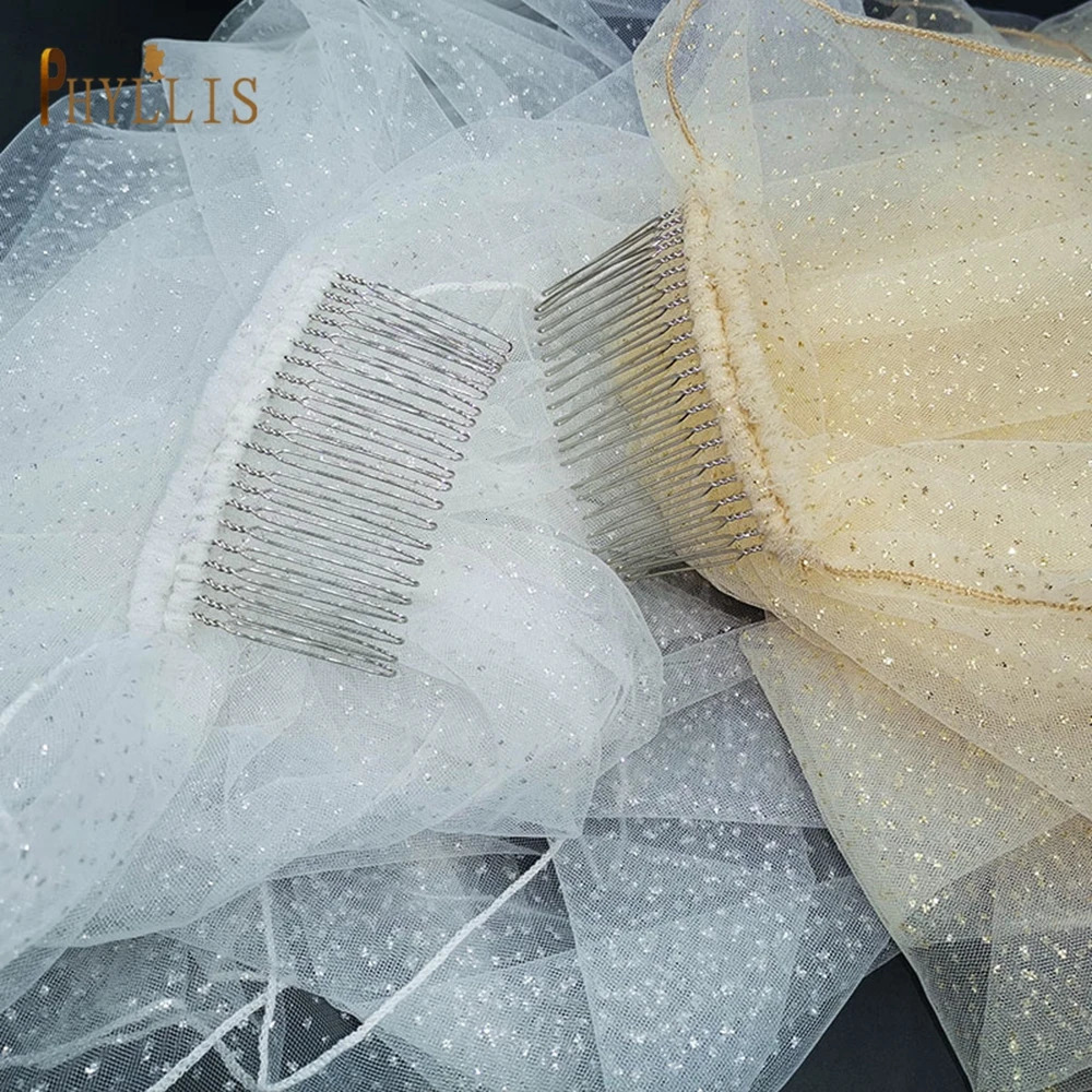 B62 Short Bridal Veil with Comb Pencil Edge Wedding Veil Turkish Veil Glitter Veil White Champagne Bride Veil 250917