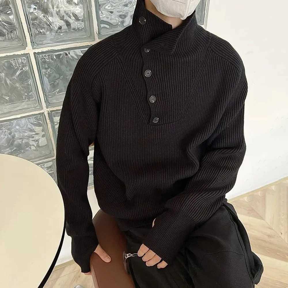 Mens Casual Solid Color Loose Turtleneck Knitted Sweater Genderless Autumn Winter Button Decoration Retro Knitted Sweater UnisexZ250918