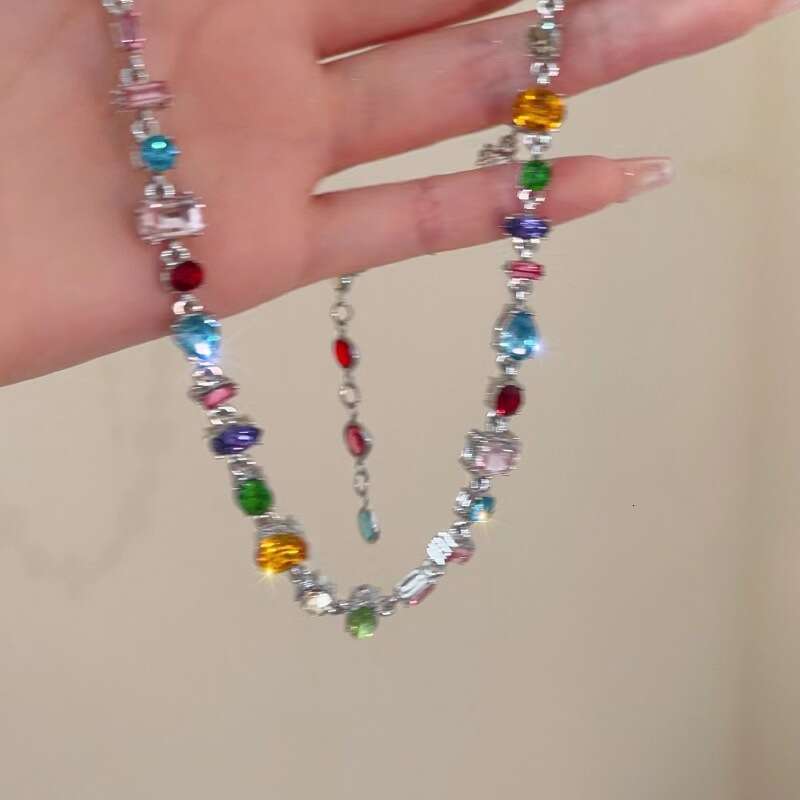 Sweetheart Candy Colorful Crystal Zircon Necklace Light High-end Heart Rainbow Clavicle Chain for Women Ins Niche Trend