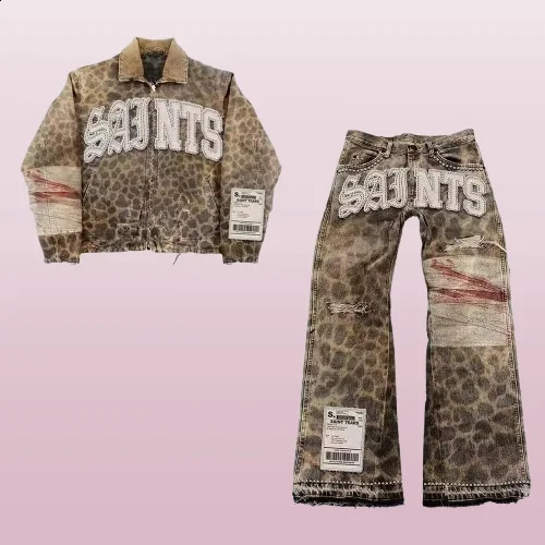 Gothic Retro Camouflage Leopard Jeans Jacket Two Piece Y2K Suit Letter Patchwork Embroidery Oversized Coats Trousers Clothes 250918