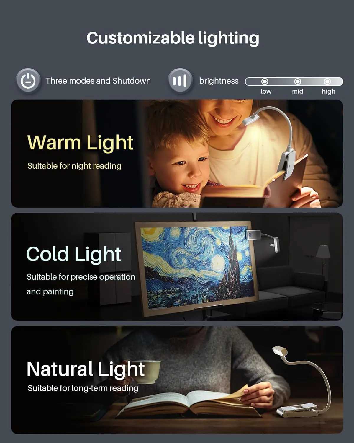 Aluminum Rechargeable Reading Light 3 colors 3 brightness Clip On Mini Book Light Small Read Night Lamp Study Reading Book Lamp C250918