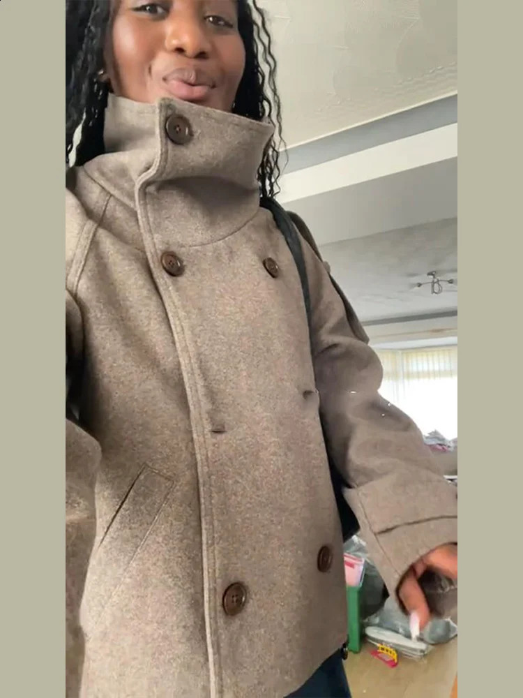 Casual Turtleneck Womens Woolen Coats Stand Collar Double Breasted Long Sleeve Pockets Jackets 2025 Autumn Winter Lady Outwear 250918