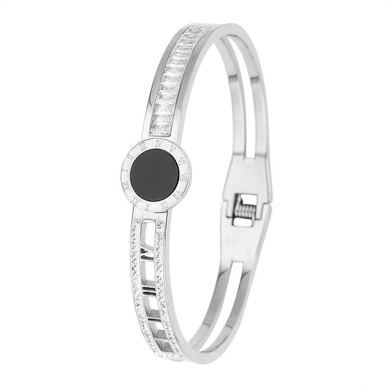 Half Diamond Insert Bangle Hollowed Roman Numerals Bracelet