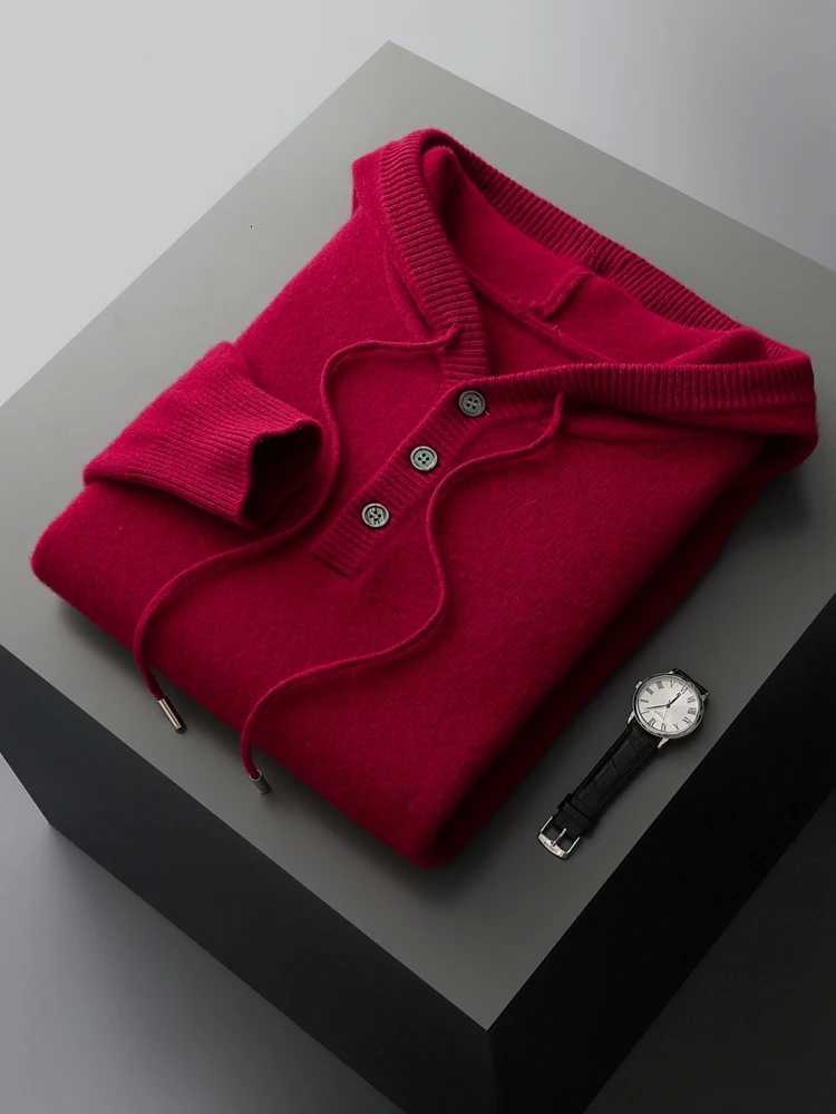 100 Merino Wool Sweater Men Hooded Pullover Autumn Winter 3 Buttons Classic Casual Knitwear Drawstring Solid Thick Clothing TopZ250918