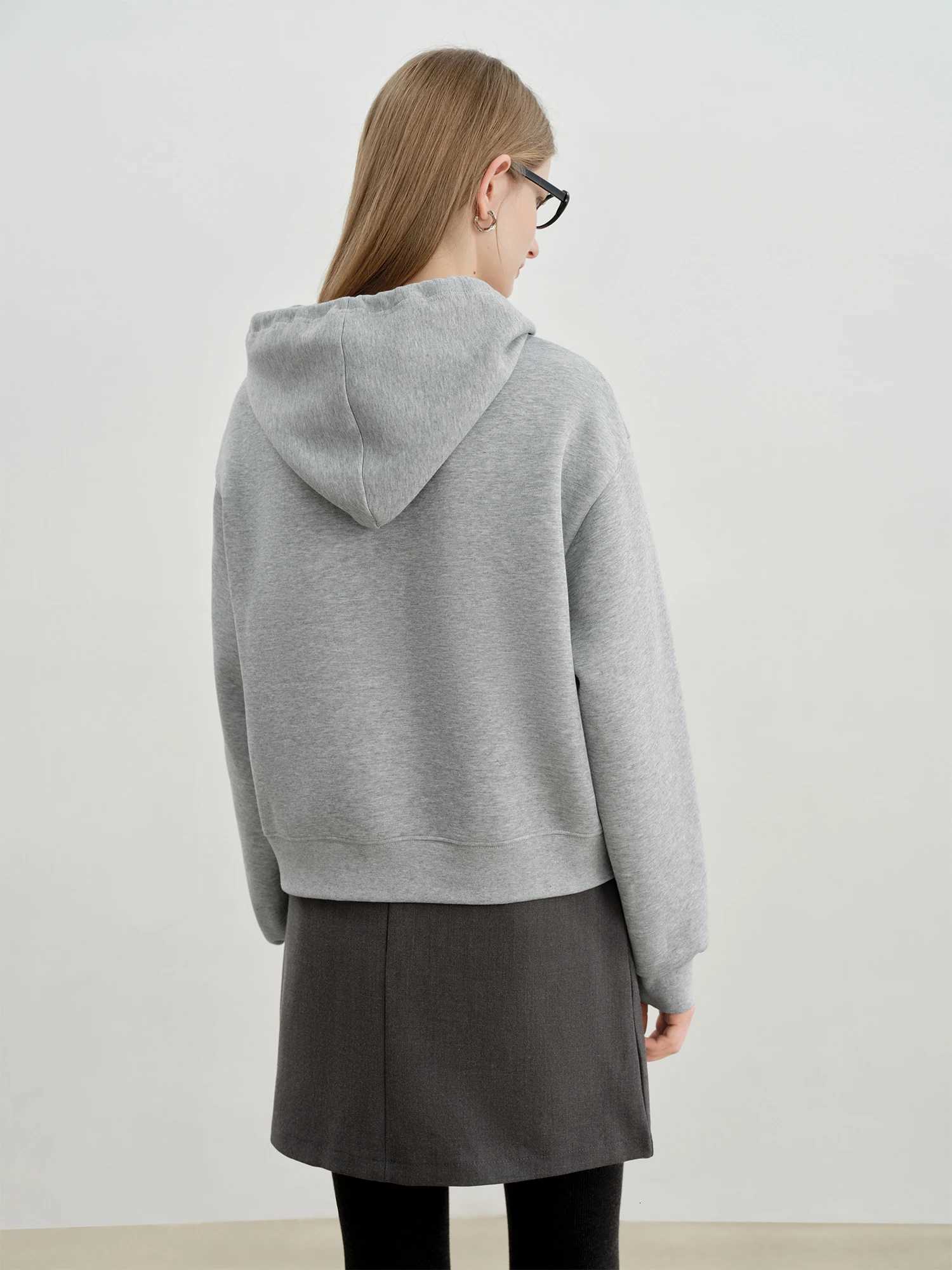 ZIQIAO Autumn Winter 2025 Womens Gray Hooded Sweatshirt Korean Style Embroidery Long Sleeve Pullover Top Casual Comfort FitZ250918