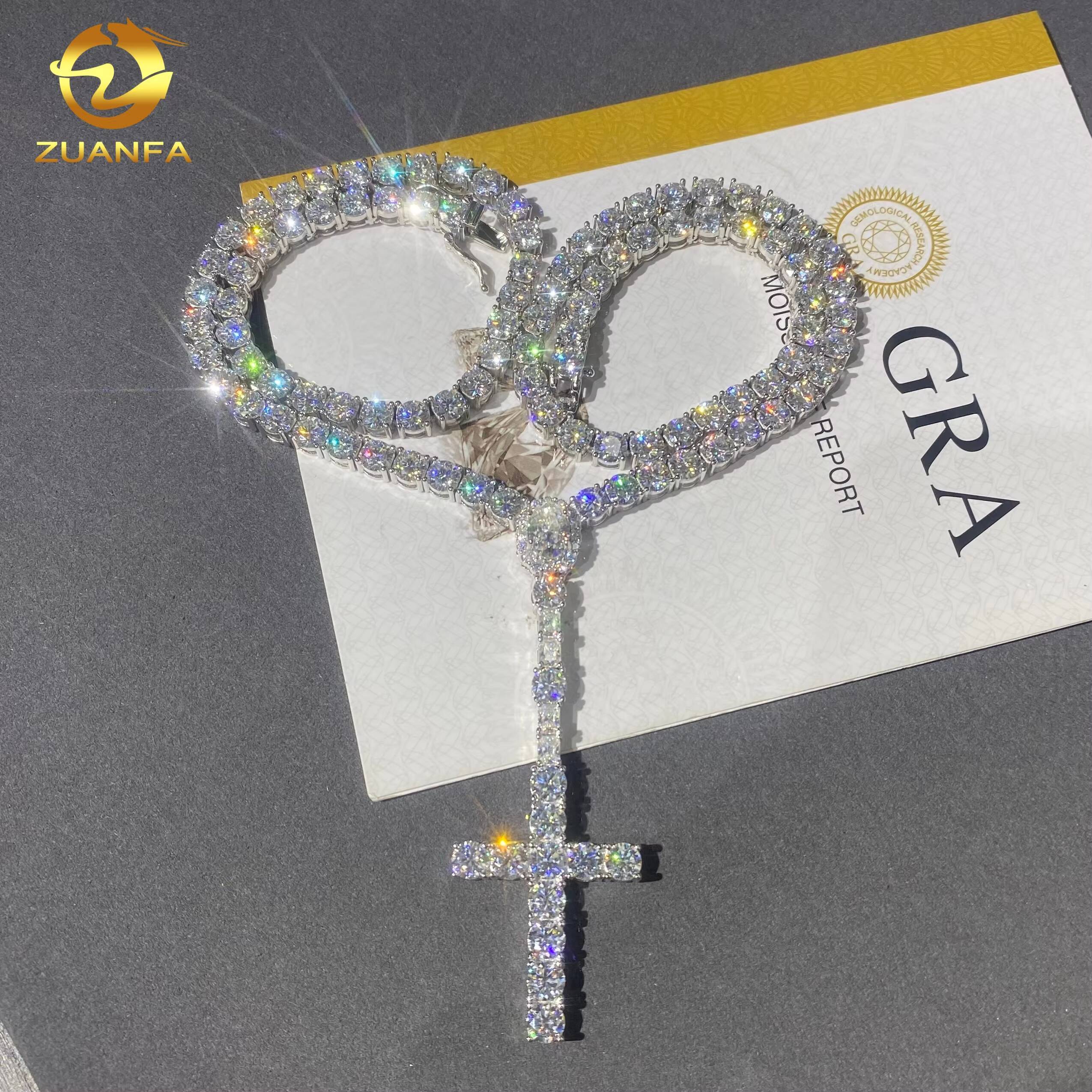 5mm VVS D Moissanite Diamond Fine Hip Hop Jewelry 925 Silver Iced Out Oval Cut Diamond Cross Pendant Tennis Chain Necklace