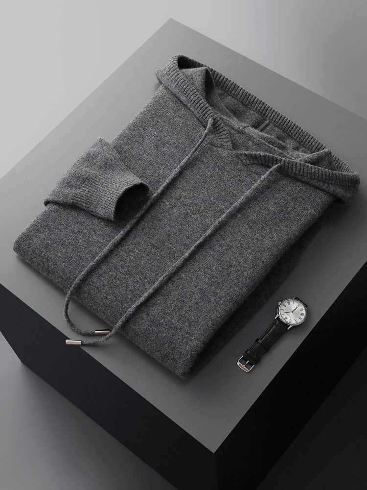 ANGEL Mens 100 Wool Hooded Sweater Thick Casual Pullover Autumn Winter Cashmere Knitwear Soft Warm Jumper Korean Hoodie TopZ250918