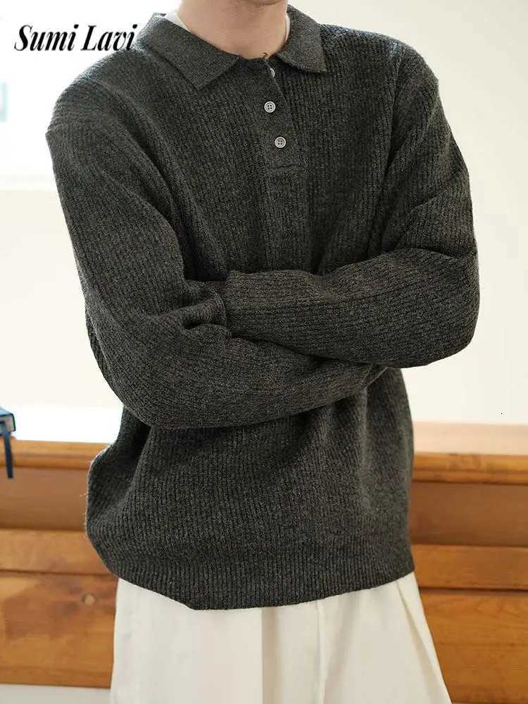 Vintage Turndown Collar Knit Jumper Tops Mens Fall Winter Casual Solid Color Sweaters Men Fashion Long Sleeve Buttoned SweaterZ250918