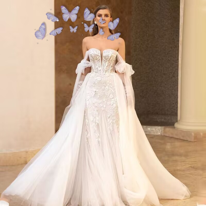 Vintage White Off The Shoulder Wedding Dresses Appliques Floral Bridal Gowns Sweep Train Noble Lady Brides Gown Customized Vestido de Novia Customized