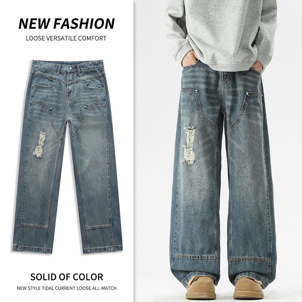 Men's Jeans Autumn New Fashion Brand Ripped Jeans - Unisex Loose Straight Cool Casual Pants