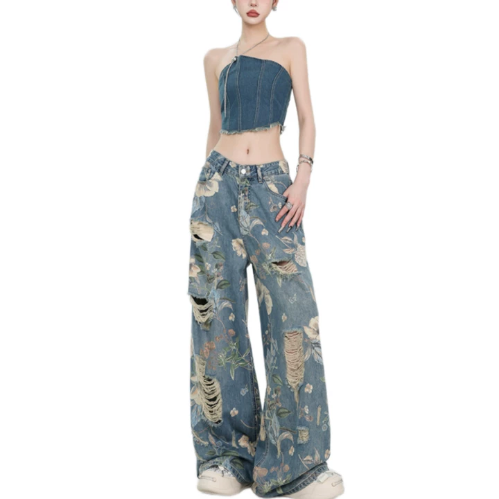 Men's Jeans Autumn Korean Trendy Harajuku Streetwear Y2K Candy Chain 3D Printed Baggy Hip-hop Retro Punk Straight Wide-leg Pants