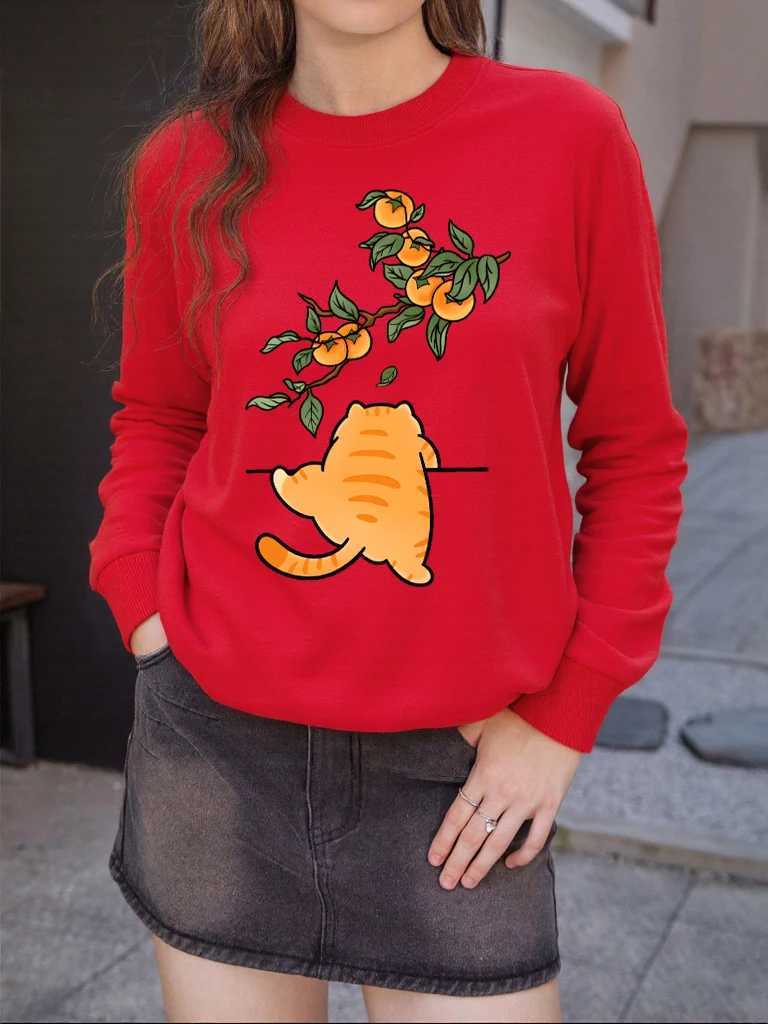 Persimmon Cartoon Orange Cat Print Sweatshirt Women Autumn Casual Sportswear Hipster Soft Pullover AllMatch Hip Hop ClothesZ250918