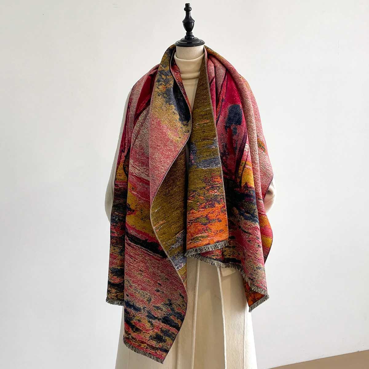 Luxury Winter Cashmere Scarf Wen Design Warm Blanket Poncho Scarves Fem Oil painting Shl Thick Foard Bufanda Y250918