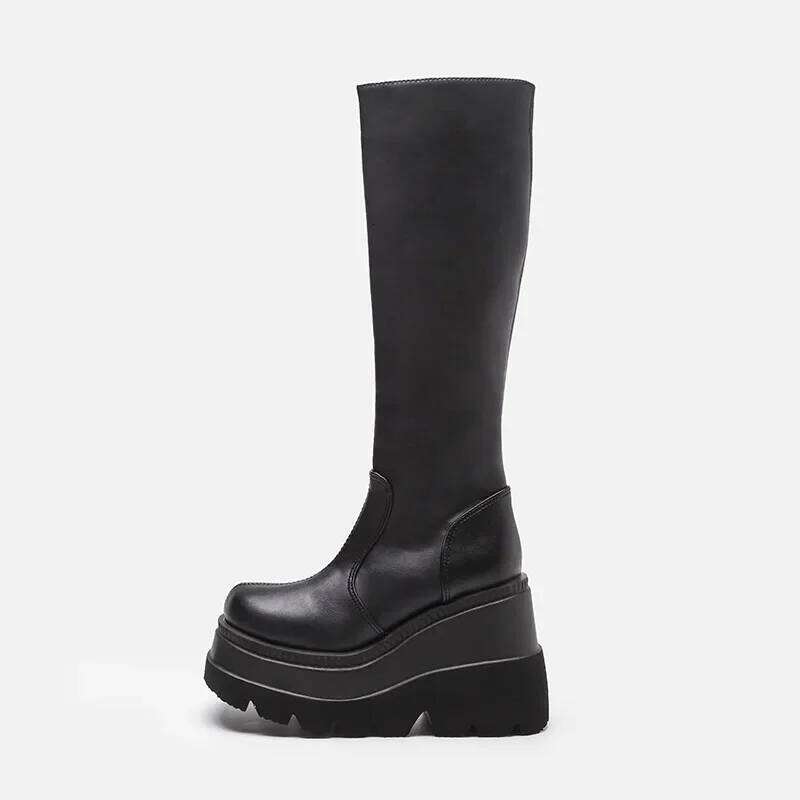 Fashion Wedge-heeled Mid-tube Ladies Gothic Style Thick-soled Motorcycle Knight Slim High Platform Cowboy Boots