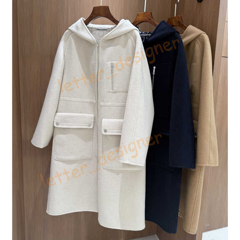 Designer Women's Wool & Blends jacket 2025 New Hooded Waist-Cinching Cashmere Coat 100% Cashmere Fabric Classic Pig Nose design wool jacket for women