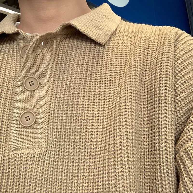 Autumn Winter Polo Neck Sweater Men Loose Retro Casual Turndown Collar Knitwear Korean High Street Versatile Sweater HarajukuZ250918