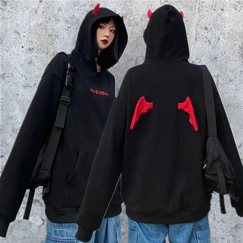 Harajuku Hoodies Girl Little Devil Horns Gothic Hooded Sweatshirts Women Demon Fly Wings Loose Pullovers Pocket Tops StreetwearZ250918