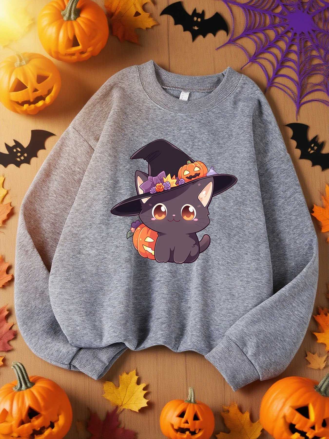 Cartoon Black Cat Wearing Witch Hat Pattern WomenS Sportswear Street Y2K Sweatshirt Soft Oversize Sweatshirts AutumnCasual TopZ250918