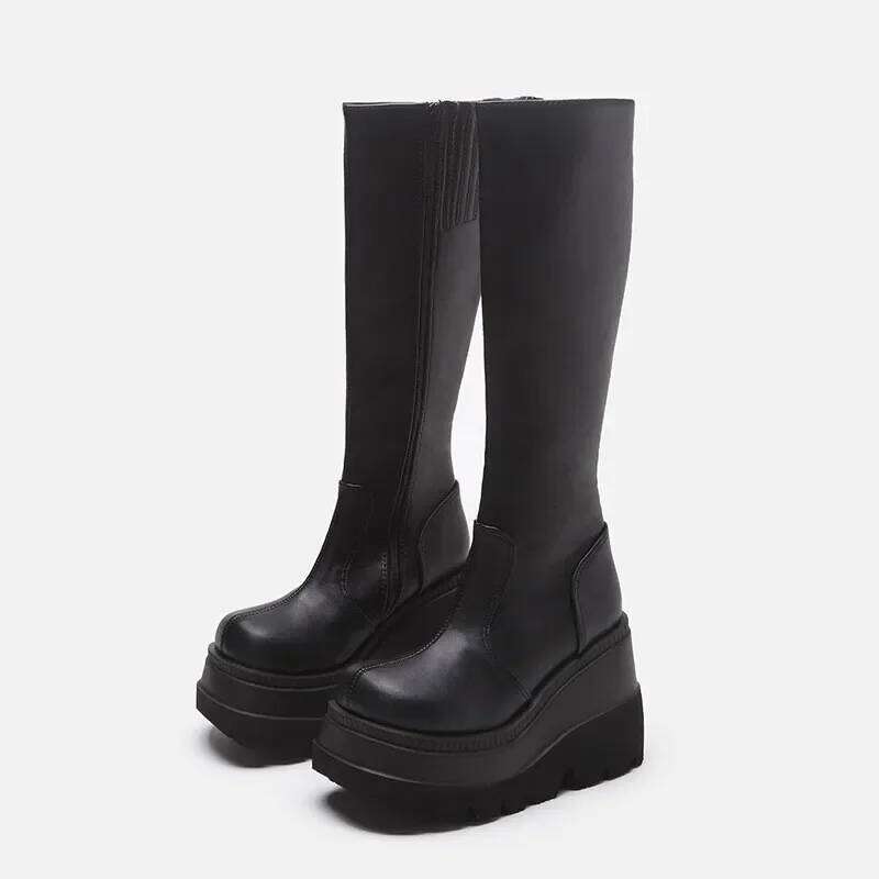 Fashion Wedge-heeled Mid-tube Ladies Gothic Style Thick-soled Motorcycle Knight Slim High Platform Cowboy Boots
