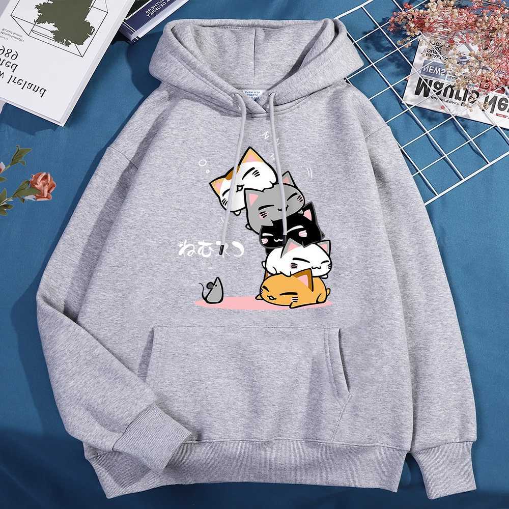 Cute Layered Cat Cant See The When SLeeping Hoodie Womens Fashion Round Neck Clothing Cute Hoodie Street SweatshirtZ250918