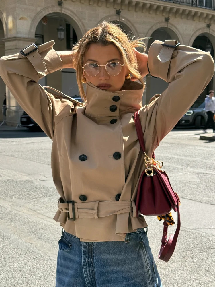 Fashion Solid Womens Cropped Trench with Belt Casual Long Sleeve Stand Collar Female Jackets 2025 Autumn Lady Coats Street 250918