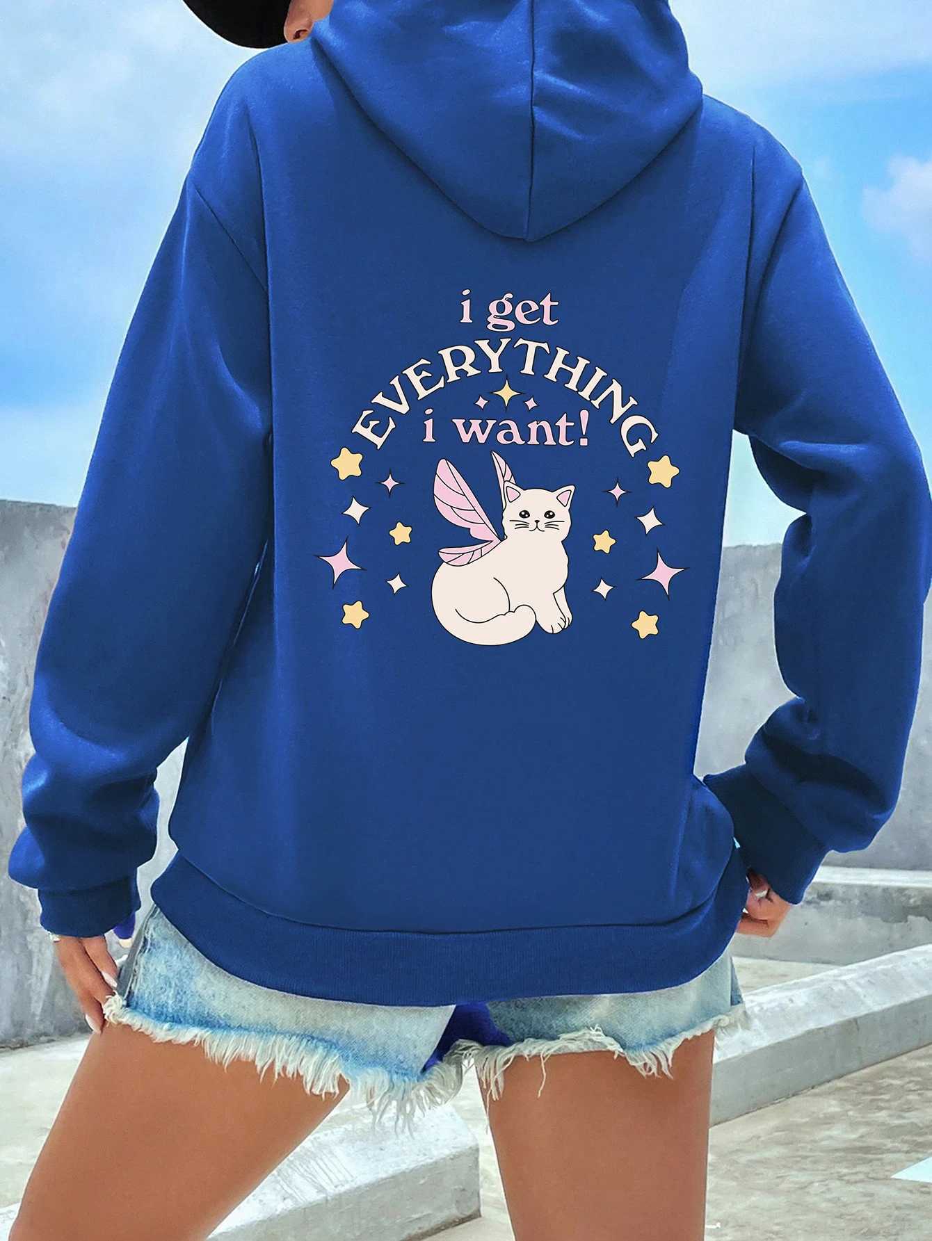 I Get Everything I Want Winged Cat Pattern Women Hoodies Hip Hop Loose Top Autumn Fashion Y2K Sportswear Street Pocket ClothingZ250918