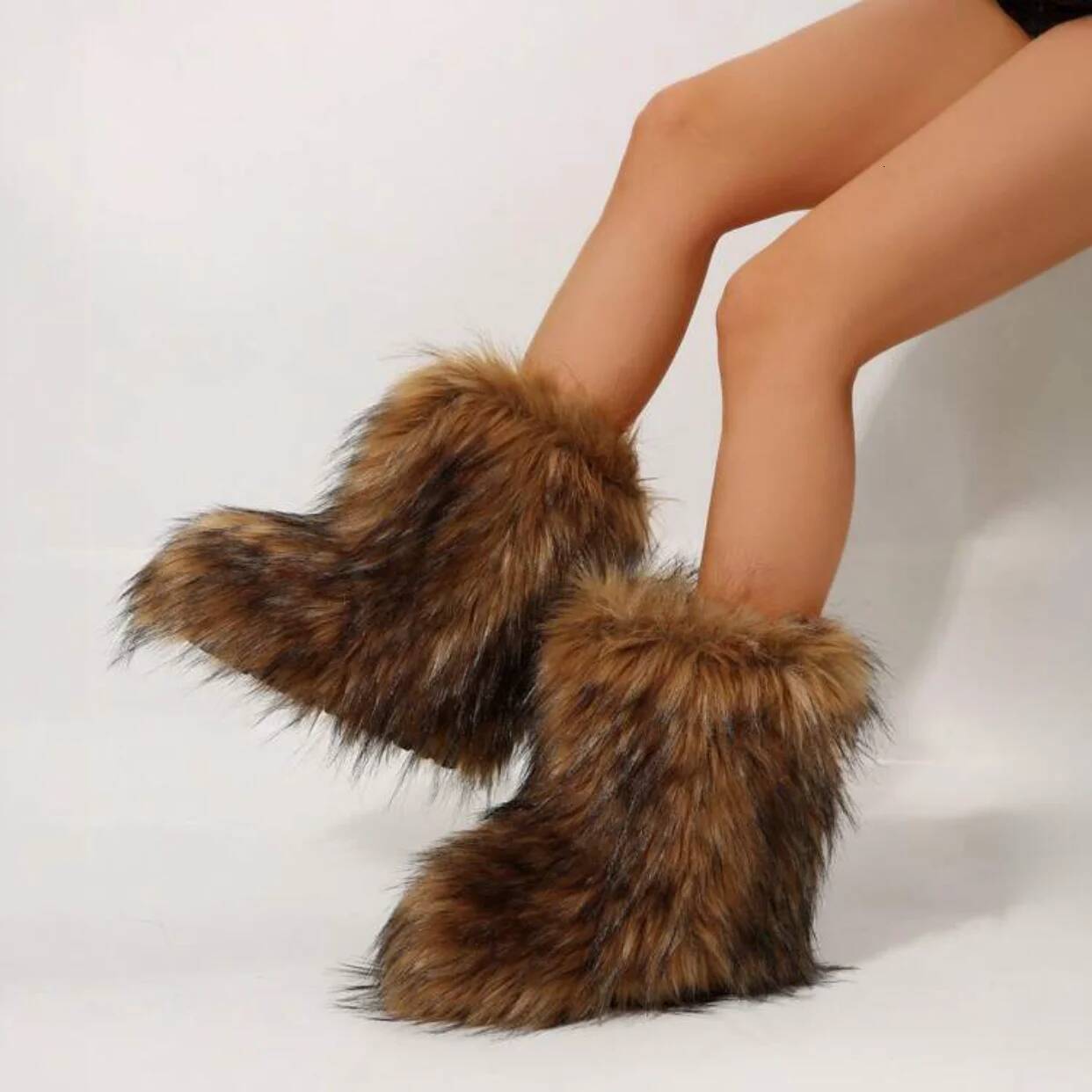 Women Faux Fur Winter Fluffy Plush Warm Mid Calf Snow Fashion Furry Boots Comfortable Outdoor Flat Shoes ddmypanda