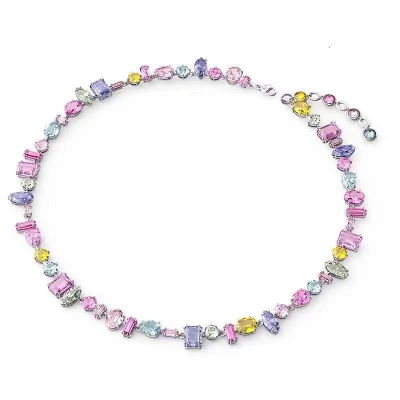 Sweetheart Candy Colorful Crystal Zircon Necklace Light High-end Heart Rainbow Clavicle Chain for Women Ins Niche Trend