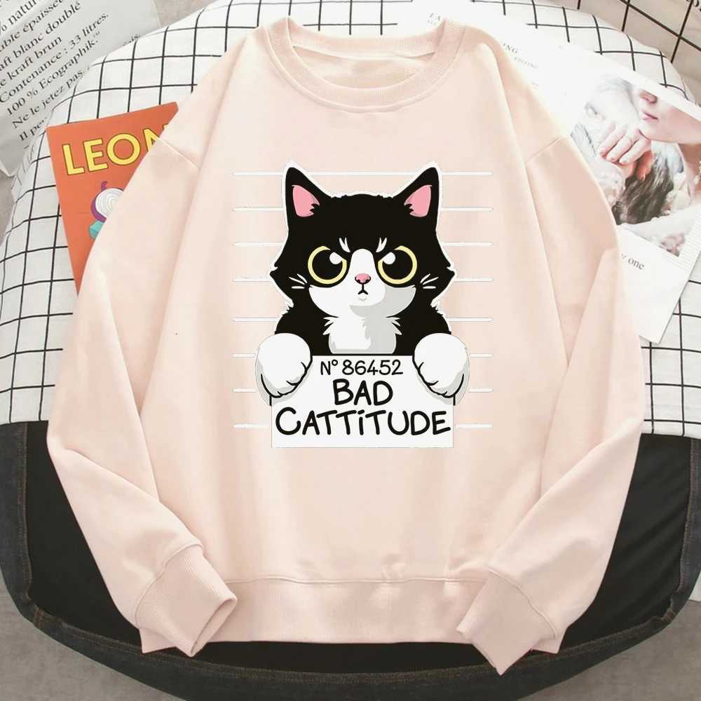 Autumn Winter Womens Pullover No86452 Bad Cattitude Funny Cat Print Hoodie Fleece AllMath Sweatshirts Warm Crewneck Ladies TopsZ250918