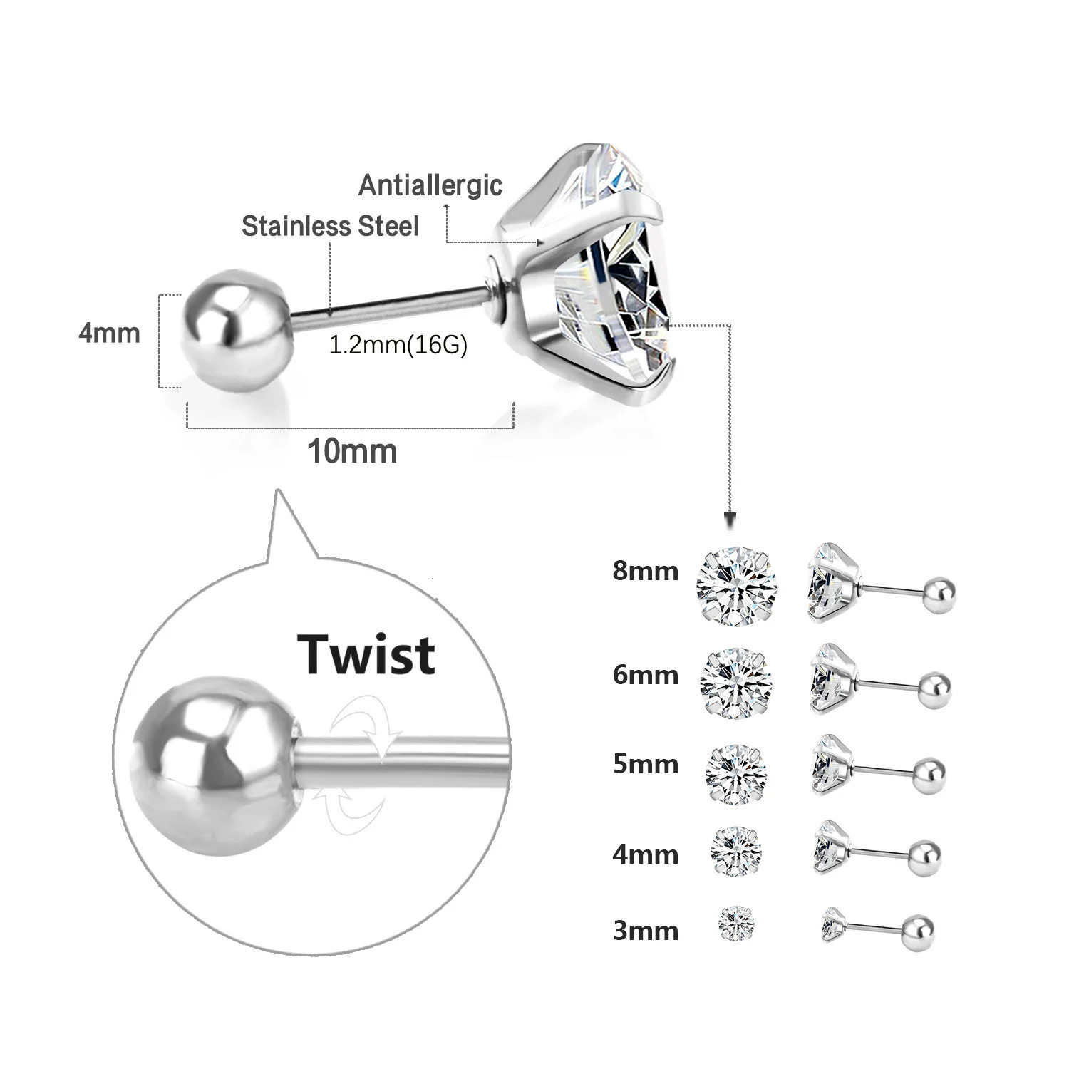 1 pair5 pairs Set Stainless Steel Round Ball Golden Silvery Cubic Zirconia Ball Screw Back Stud Earrings Set for Men Women 250917