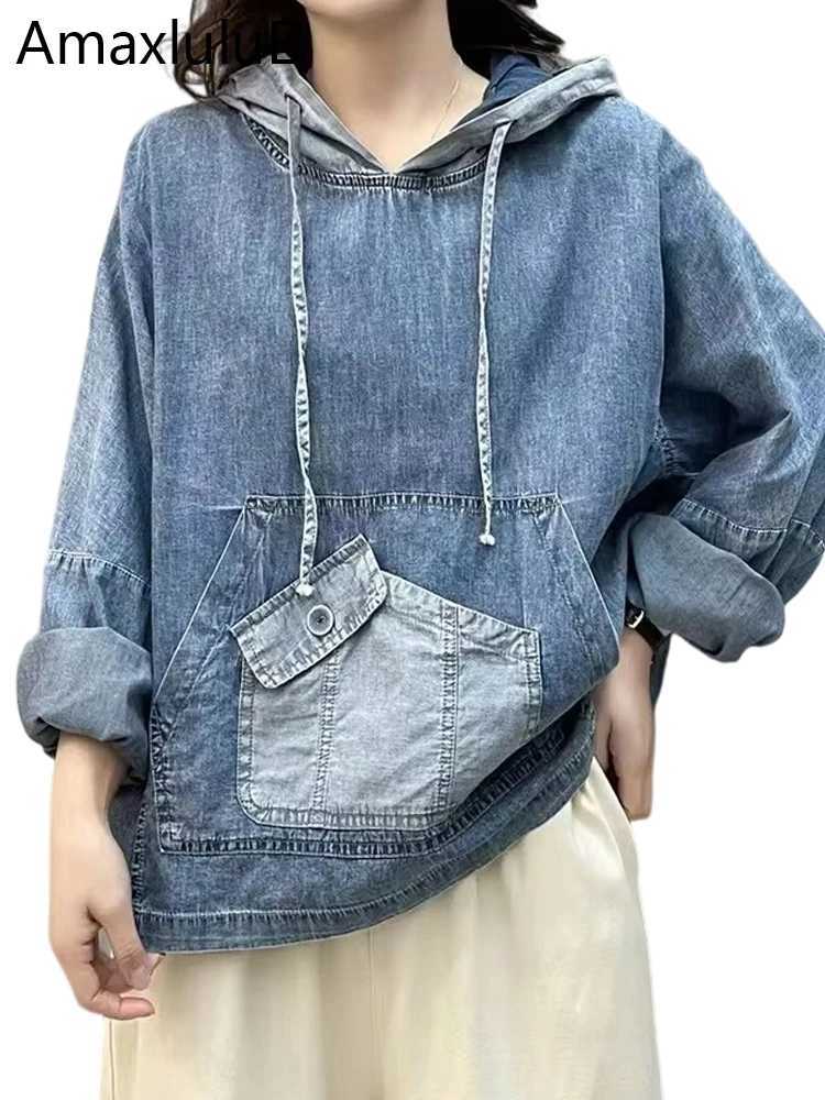 AmaxluluE 2025 Spring Fashion Denim Hoodies Women Vintage Hooded Classic Loose Sweatshirts Ladies Harajuku Casual Korean ClothesZ250918