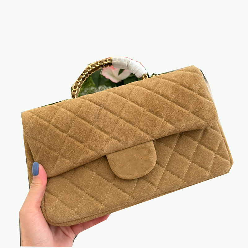 Cf Suede Handle Luxury Handbag Designer Lady Shoulder Bag Genuine Leather Flap Quilted Grid Pattern Gold Metal Buckle Matelasse Chain Underarm Bags Crossbody 22cm