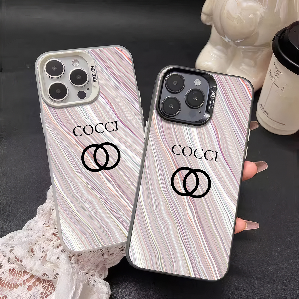 Luxury Designer Phone Case with Marble - Like Striped Pattern & "COCCI" Logo, Compatible with iPhone 11 - 16, Stylish Protective Cover