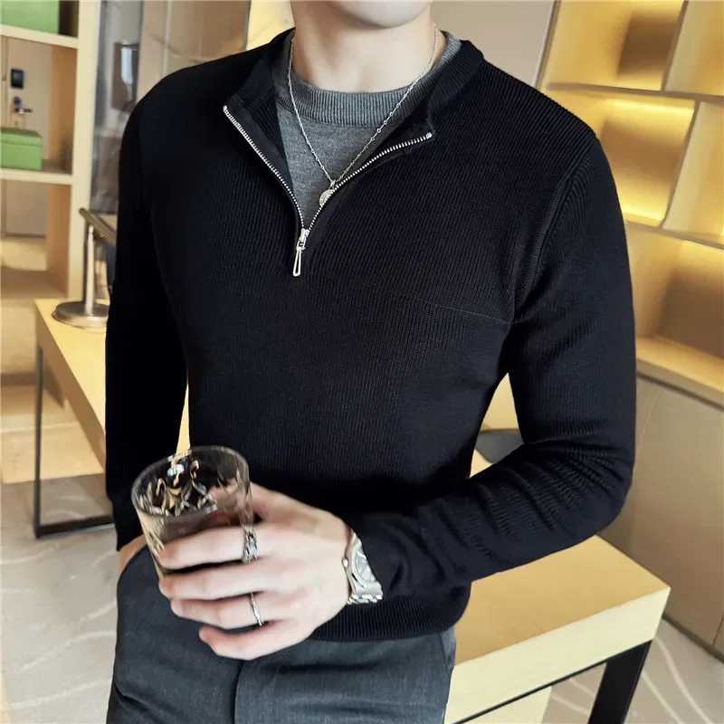 2024 Autumn Winter Fake 2 Piece Sweater Fashion Half Zipper Splice Long Sleeved Slim Fit Warm Sweaters Men Knitted PulloverZ250918