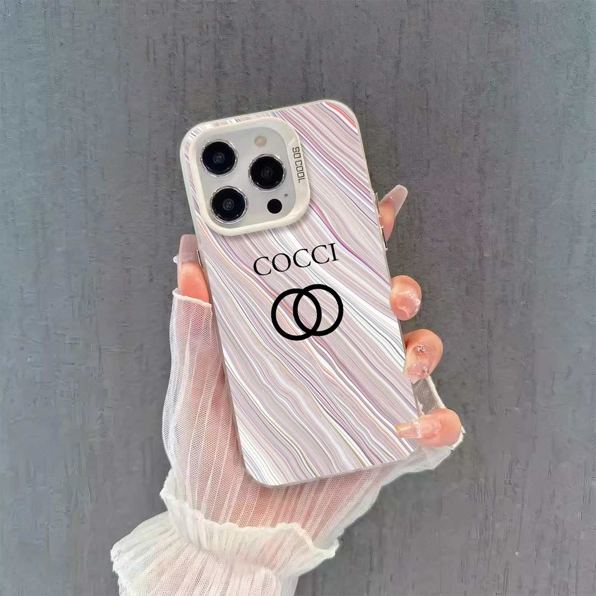 Luxury Designer Phone Case with Marble - Like Striped Pattern & "COCCI" Logo, Compatible with iPhone 11 - 16, Stylish Protective Cover