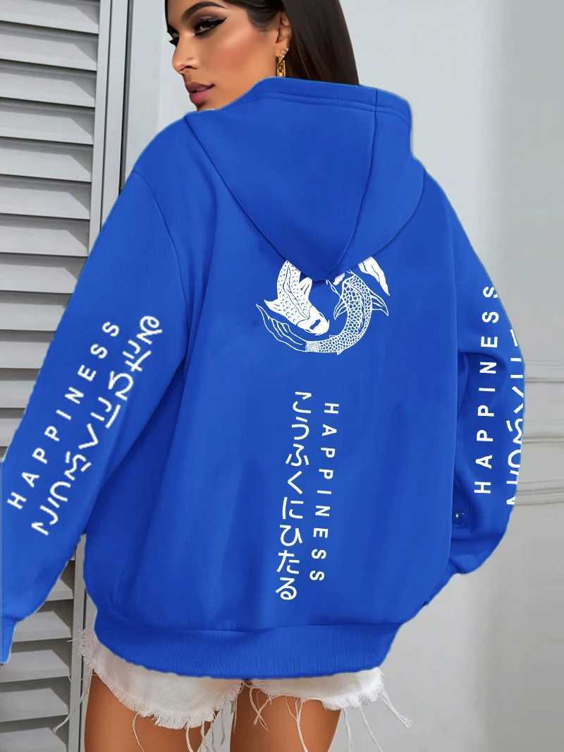 Two Koi Carps Of Happiness Printing Hoodie Women Street AllMatch Y2K Hoody Fleece Loose Hoodies Pocket Autumn PulloversZ250918