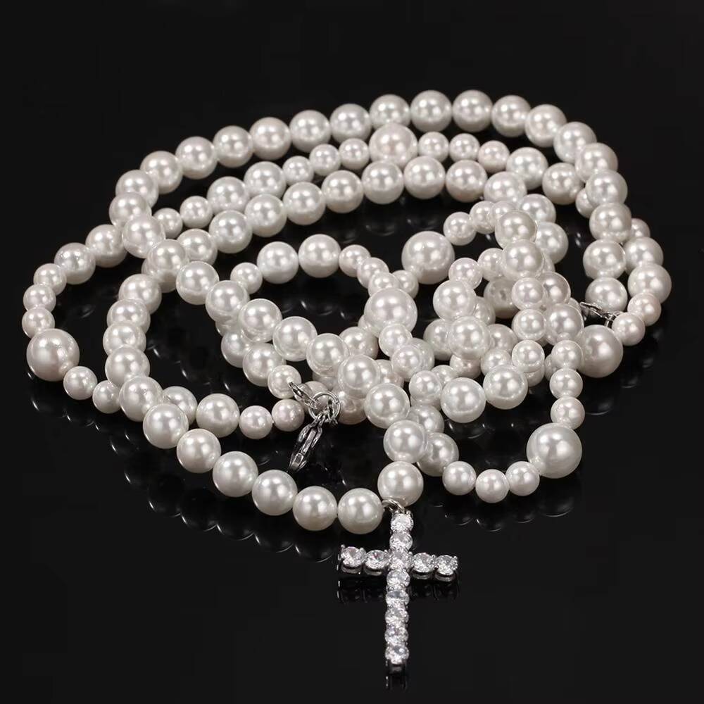 Top Fashion Hiphop Double Layer Pearl Necklace With Cross Pendant for Men