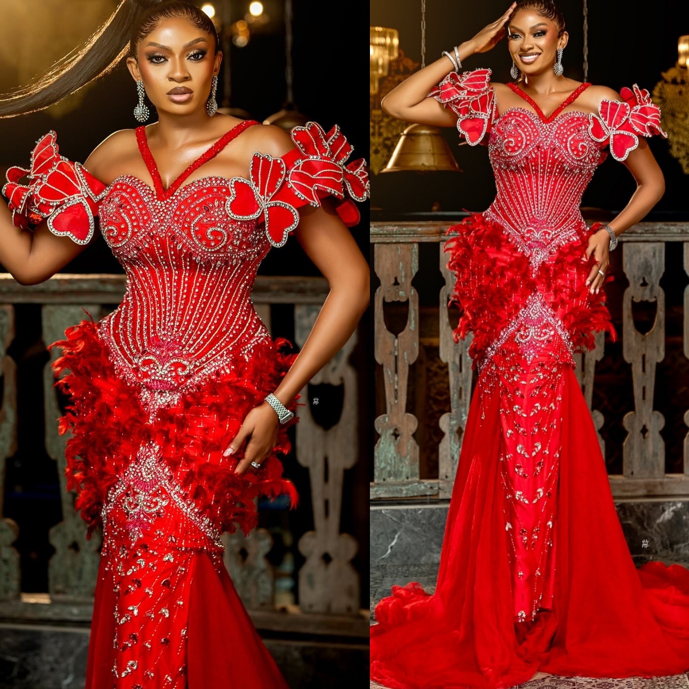 Red Mermaid Prom Dresses 2025 Feather Crystals Flowers Luxurious Evening Formal Party Second Birthday Engagement Gowns Plus Size Dress For Special Occ