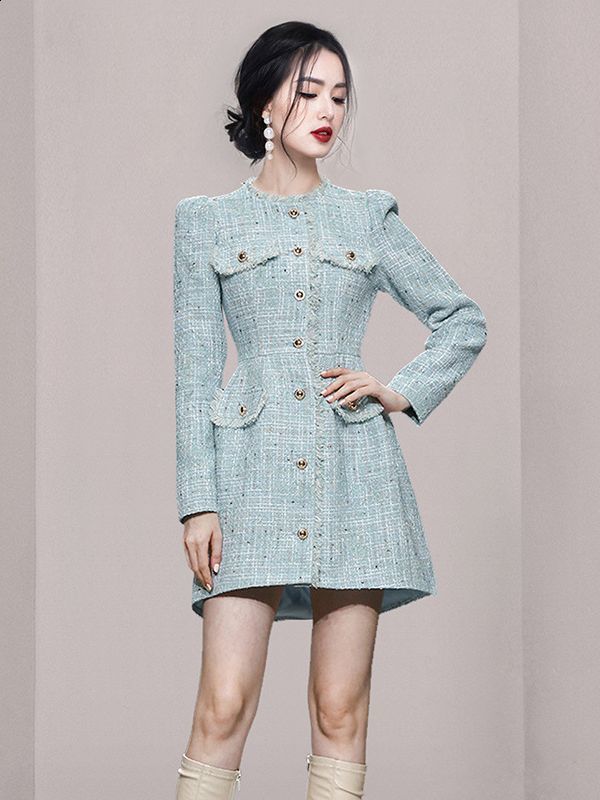 Womens Autumn and Winter Pullover Round Neck Panel Button Solid Color Slimming Mid Length Flower Tweed Long Sleeved Dress 240824